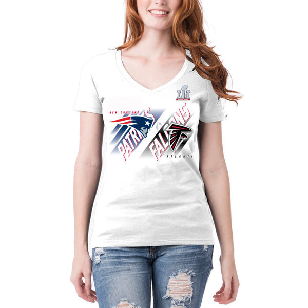 New England Patriots vs. Atlanta Falcons 5th & Ocean by New Era Women's Super Bowl LI Dueling V-Neck T-Shirt - White